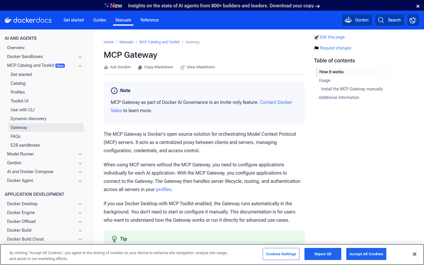 Docker MCP Gateway official documentation showing centralized proxy and MCP server operations