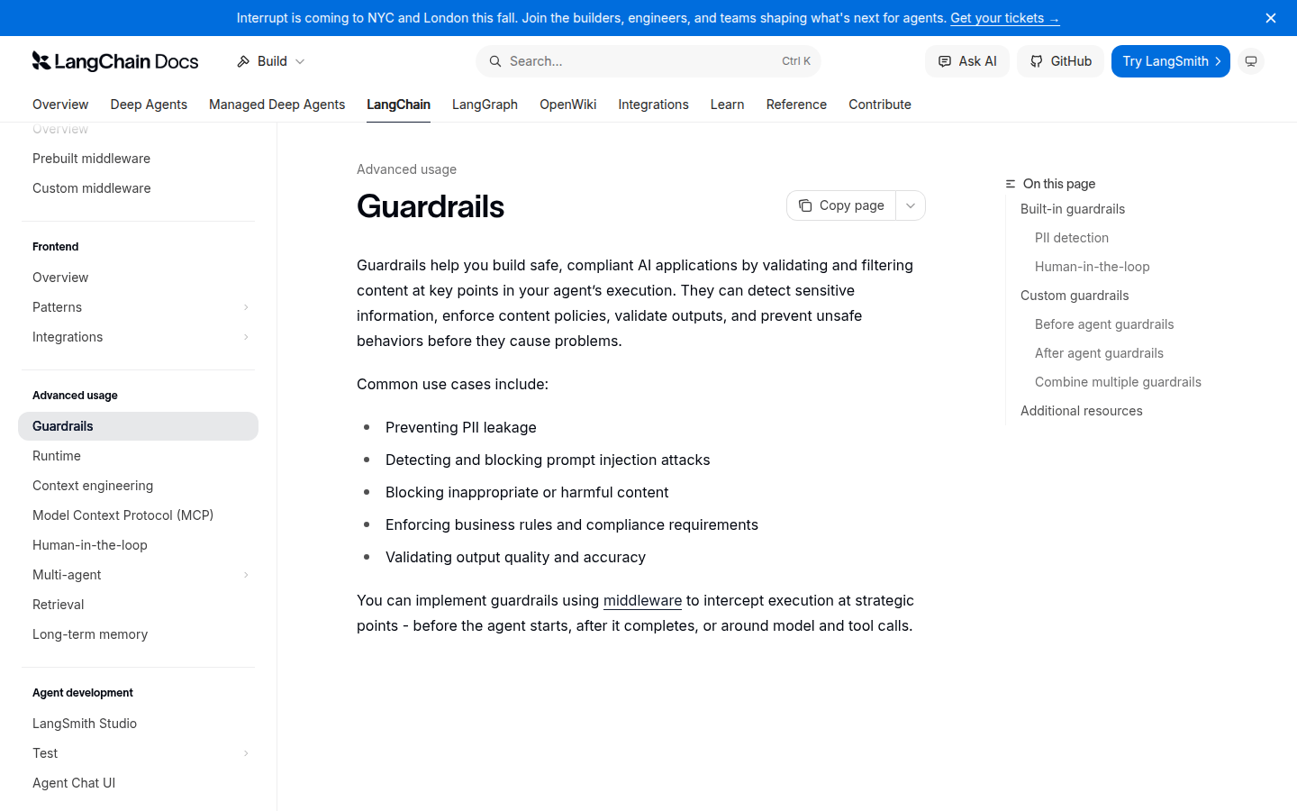 LangChain Guardrails official documentation showing middleware and agent execution controls